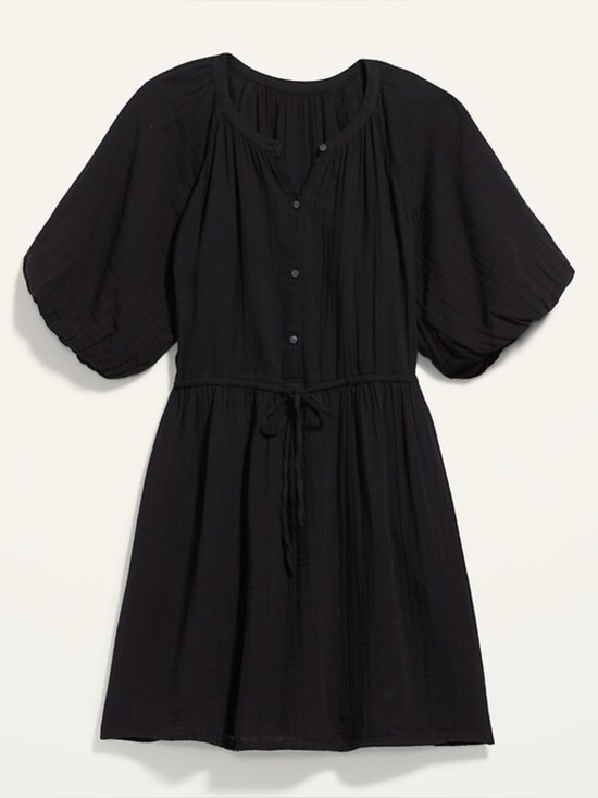 Old Navy Dresses & Skirts - Old Navy Black Waist-Defined Puff-Sleeve Mini Summer Dress Large Textured Cotton